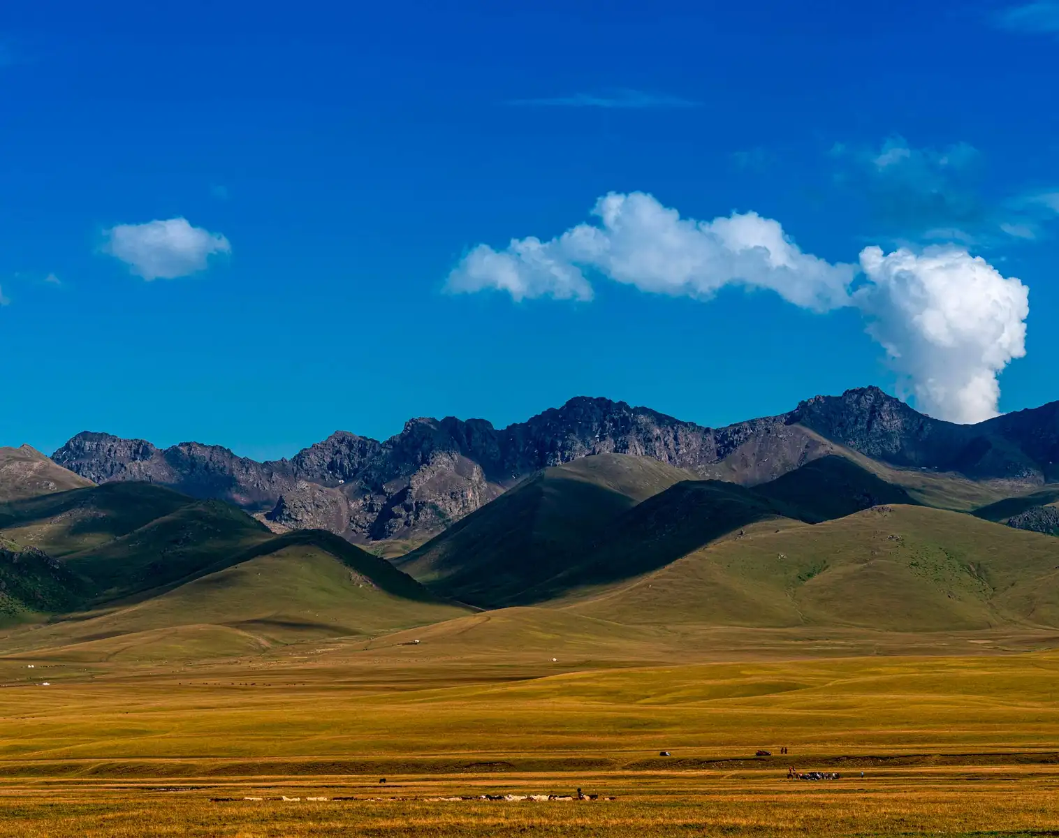 Grassy foothills and a rugged mountain ridge under a blue sky with clouds